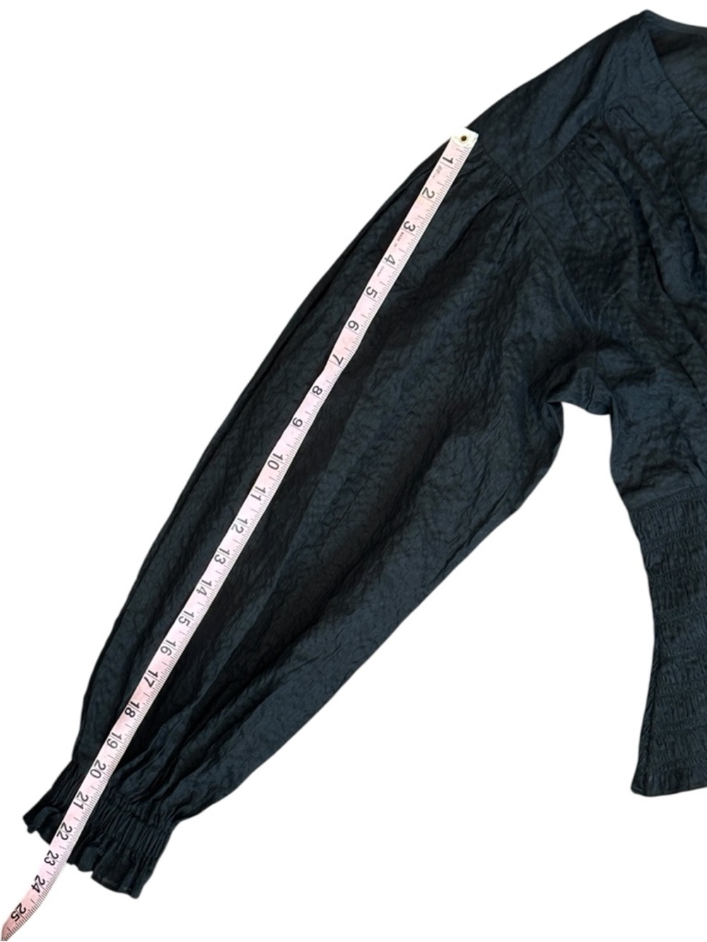 FRAME Smocked V-Neck Crinkled Cotton Blouson Sleeve Top Black Women Medium $348 - Picture 9 of 9